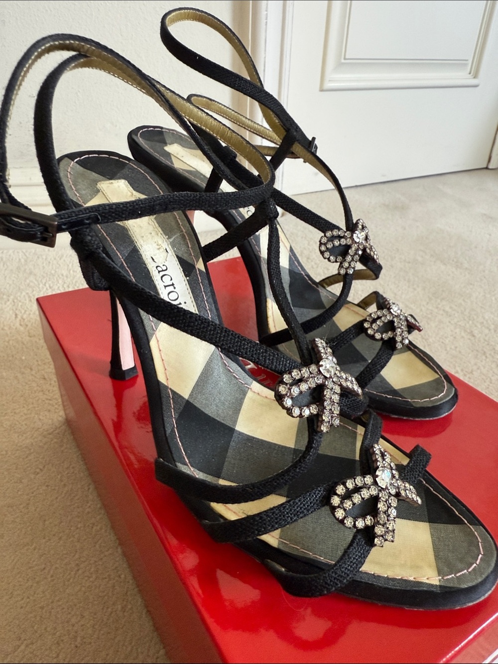 Christian Lacroix Black Strappy 4 inch Heels with Crystal Bow Accents